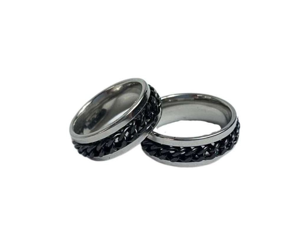 SILVER STAINLESS STEEL RING WITH BLACK CHAIN 8MM – Set of 36