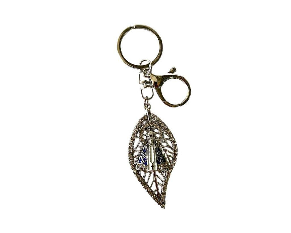 SILVER STAINLESS STEEL KEYCHAIN O.LADY APPARITIONS LEAF WITH RHINESTONES – Set of 12