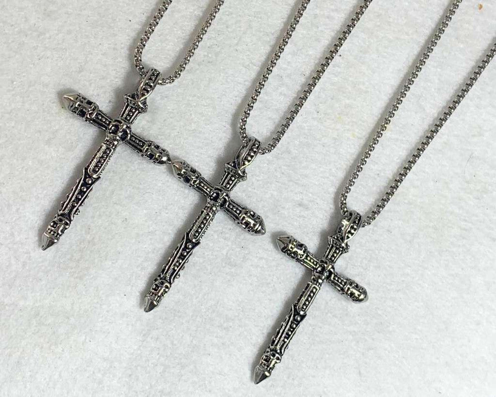 SILVER STAINLESS STEEL NECKLACE CROSS – Set of 12