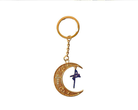 GOLDEN  KEYCHAIN MOON WITH CROSS FAITH BLUE RHINESTONES-Set of 12