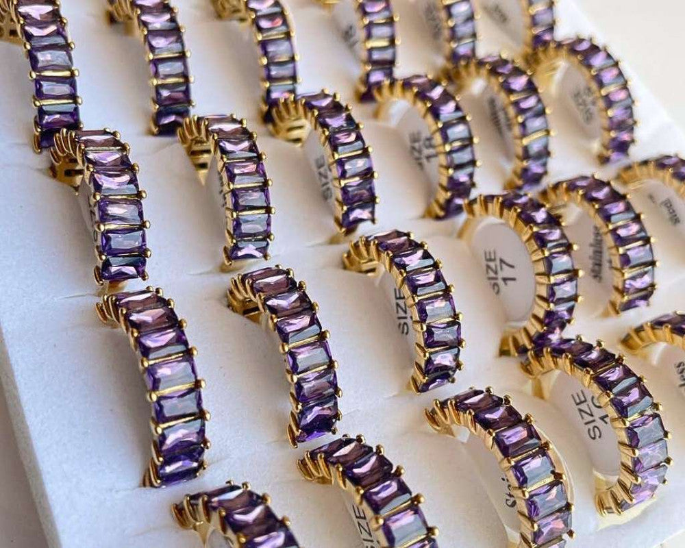 PREMIUM GOLDEN  STAINLESS STEEL RING WITH PURPLE STONES – Set of  36