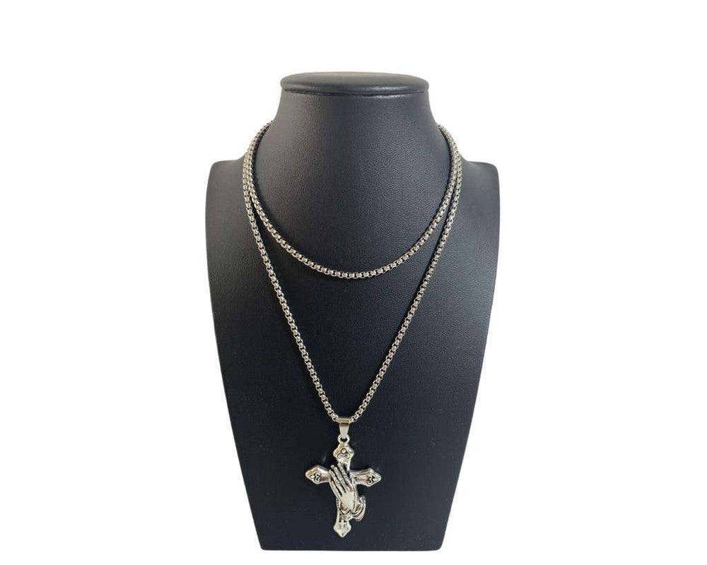 SILVER STAINLESS STEEL NECKLACE CROSS WITH HANDS– Set of  12