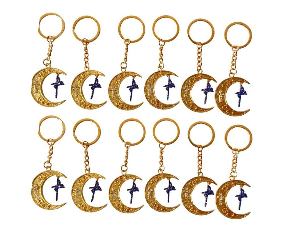 GOLDEN  KEYCHAIN MOON WITH CROSS FAITH BLUE RHINESTONES-Set of 12