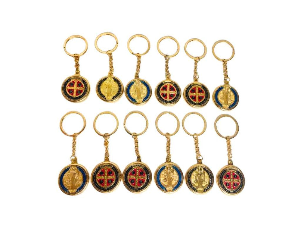 GOLDEN KEYCHAIN SAINT BENEDICT MEDAL BLACK OR SKY BLUE- Set of 12