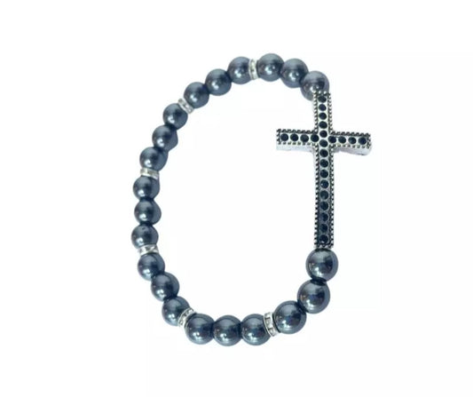 BRACELET CROSS WITH BLACK RHINESTONES