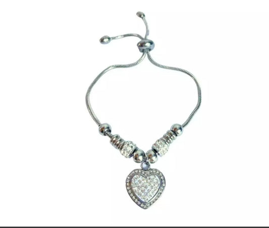 STAINLESS STEEL  BRACELET CHARM W/ RHINESTONES HEART PENDANT - Set of 12