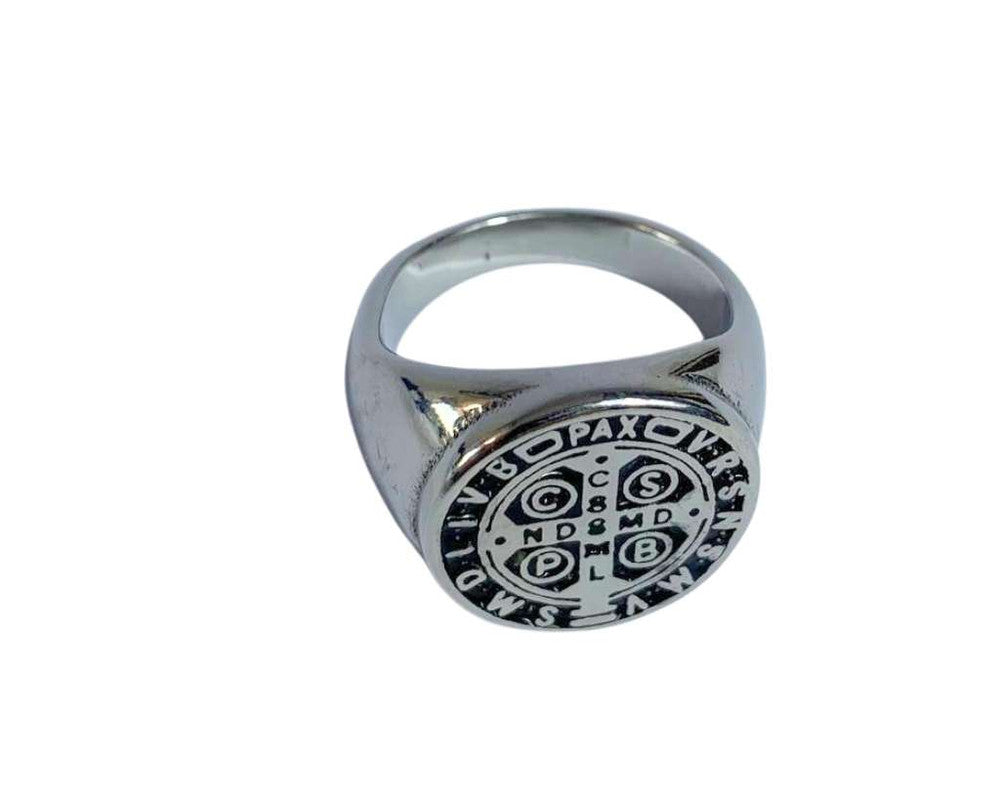 SILVER STAINLESS STEEL RING SAINT BENEDICT MEDAL – Set of 12