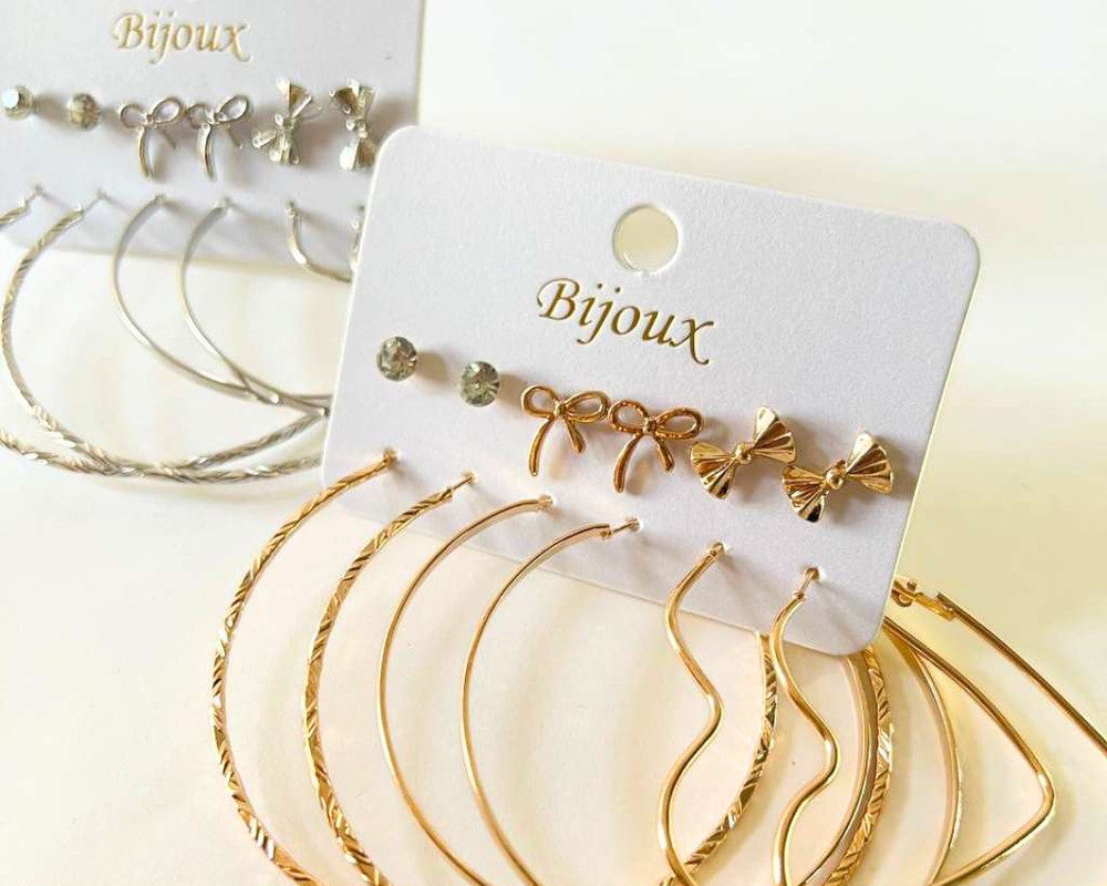 SET GOLDEN/SILVER EARRING BOW AND HOOPS-Set of 12