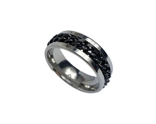 SILVER STAINLESS STEEL RING WITH BLACK CHAIN 8MM – Set of 36