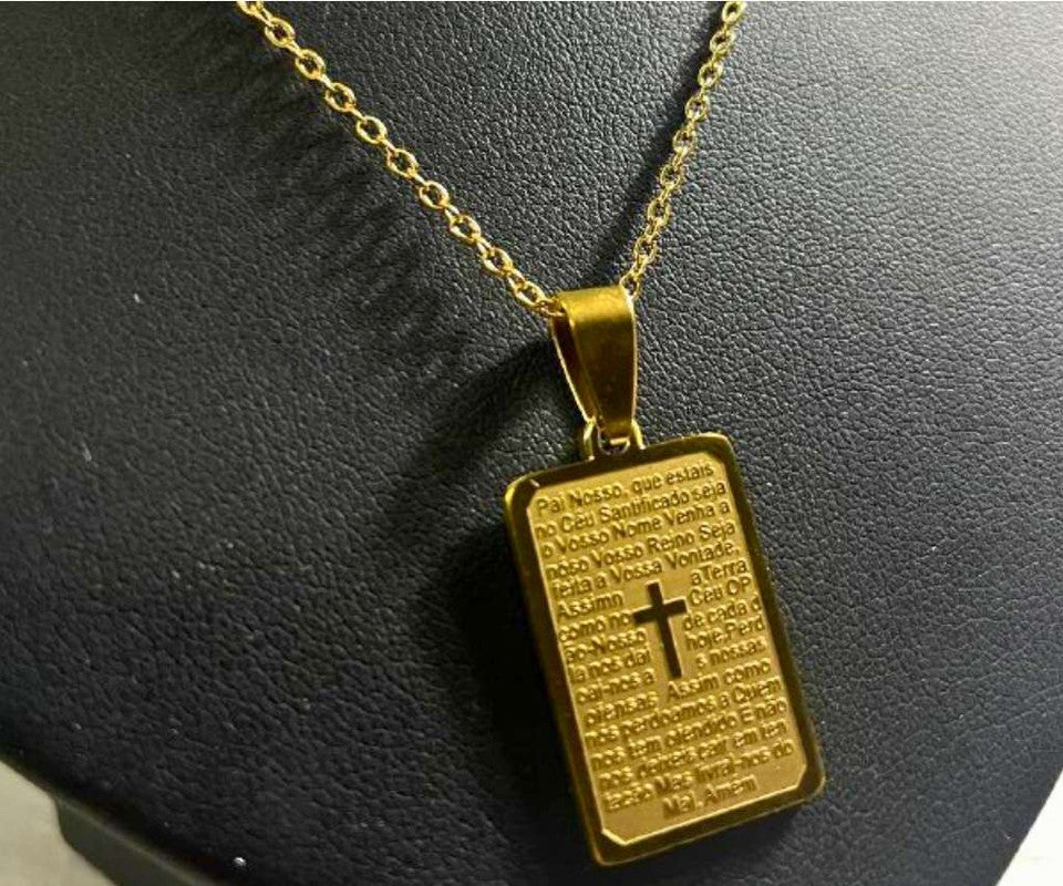 GOLDEN NECKLACE CURVED RECTANGULE (PRAYER/ORAÇÃO) WITH CROSS- Set of 12