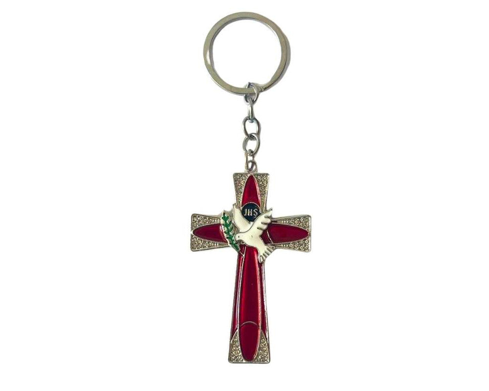 SILVER KEYCHAIN COLORED CROSS WITH WHITE PIGEON  – Set of  12