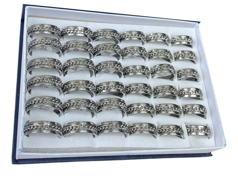 SILVER STAINLESS STEEL RING WITH  CHAIN 8MM– Set of 36