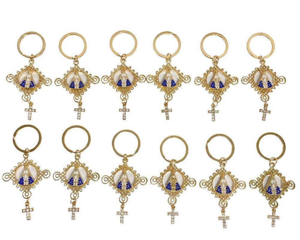 GOLDEN KEYCHAIN WITH CROSS OUR LADY APPARITIONS-Set of 12