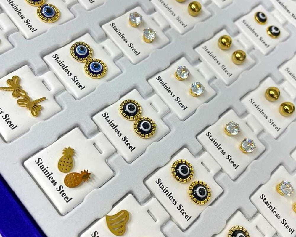 SET GOLDEN STAINLESS STEEL EARRINGS VARIOUS SHAPES- Set of 36