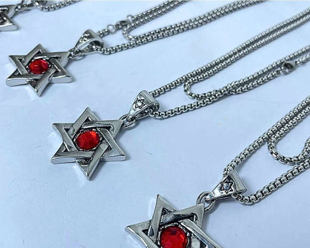 SILVER STAINLESS STEEL STAR OF DAVID  WITH RED ROCK – Set of  12