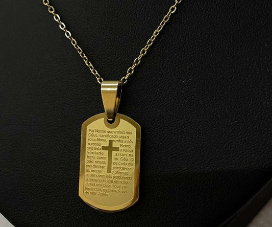 GOLDEN NECKLACE CURVED RECTANGULE (PRAYER/ORAÇÃO) WITH CROSS- Set of 12