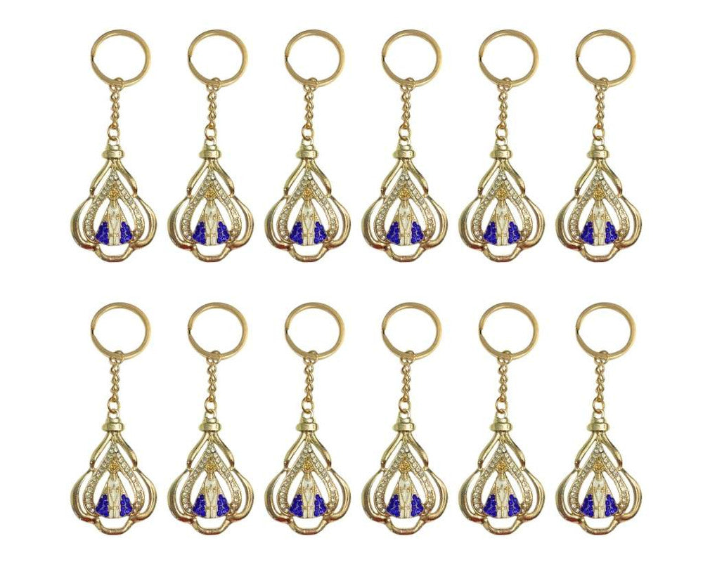 GOLDEN KEYCHAIN OUR LADY APPARITIONS INSIDE SHEET RHINESTONES – Set of 12