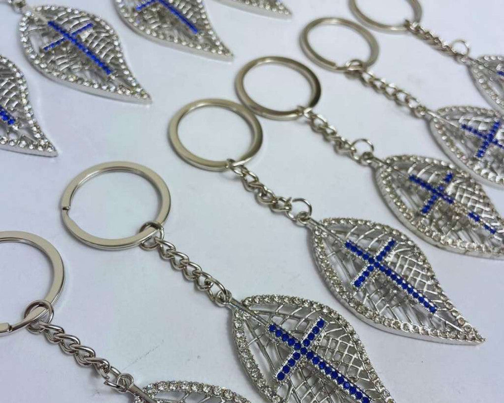 SILVER KEYCHAIN LEAF WITH CROSS – Set of 12