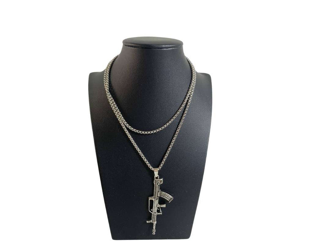 SILVER STAINLESS STEEL NECKLACE MACHINE GUN – Set of 12