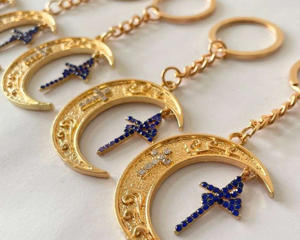 GOLDEN  KEYCHAIN MOON WITH CROSS FAITH BLUE RHINESTONES-Set of 12