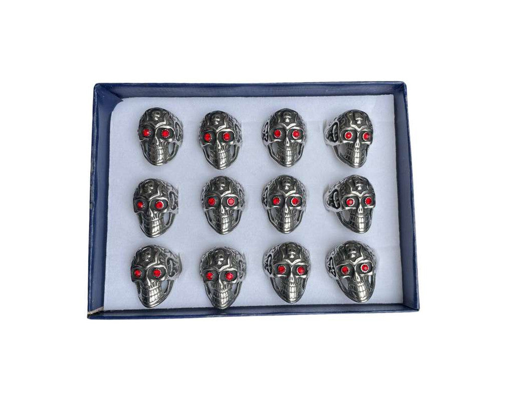 SILVER STAINLESS STEEL RED EYE SKULL RING- Set of 12