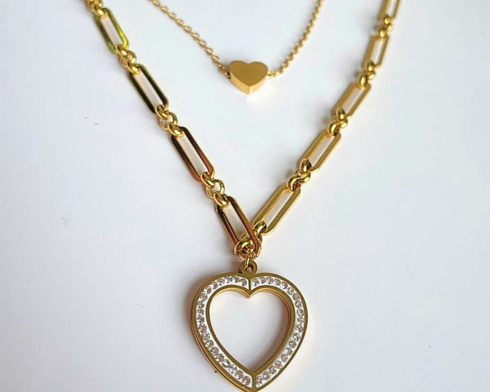 SET GOLDEN EARRINGS HEART AND NECKLACE HEART STUDDED- Set of 12