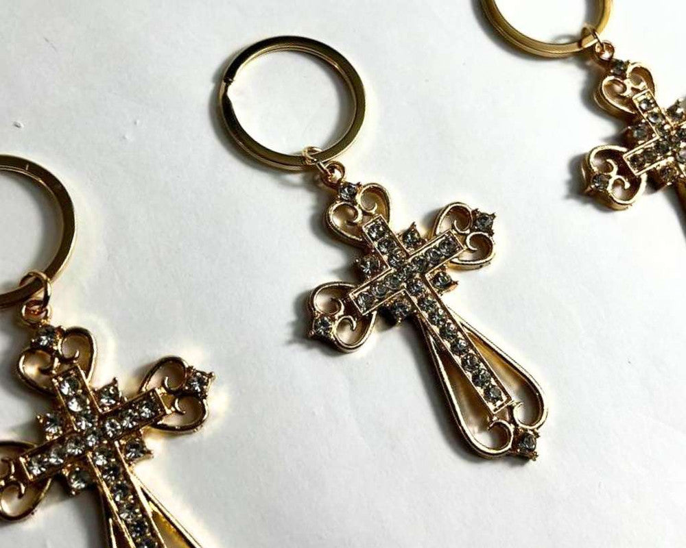 GOLDEN CROSS KEYCHAIN WITH RHINESTONES – Set of 12