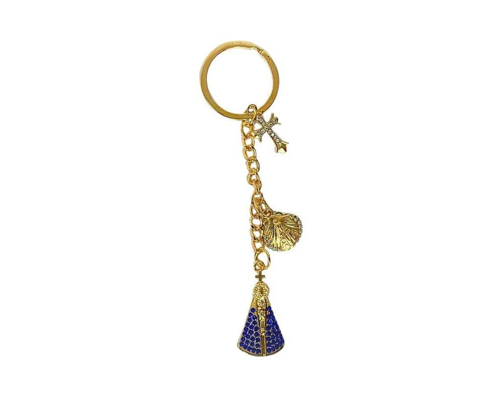 GOLDEN KEYCHAIN OUR LADY OF APPARITIONS  WITH BLUE RHINESTONES SMALL CROSS AND SHELL-Set of 12