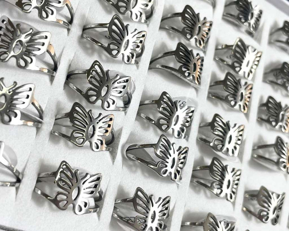 SILVER STAINLESS STEEL LARGE BUTTERFLY RING-Set of 36