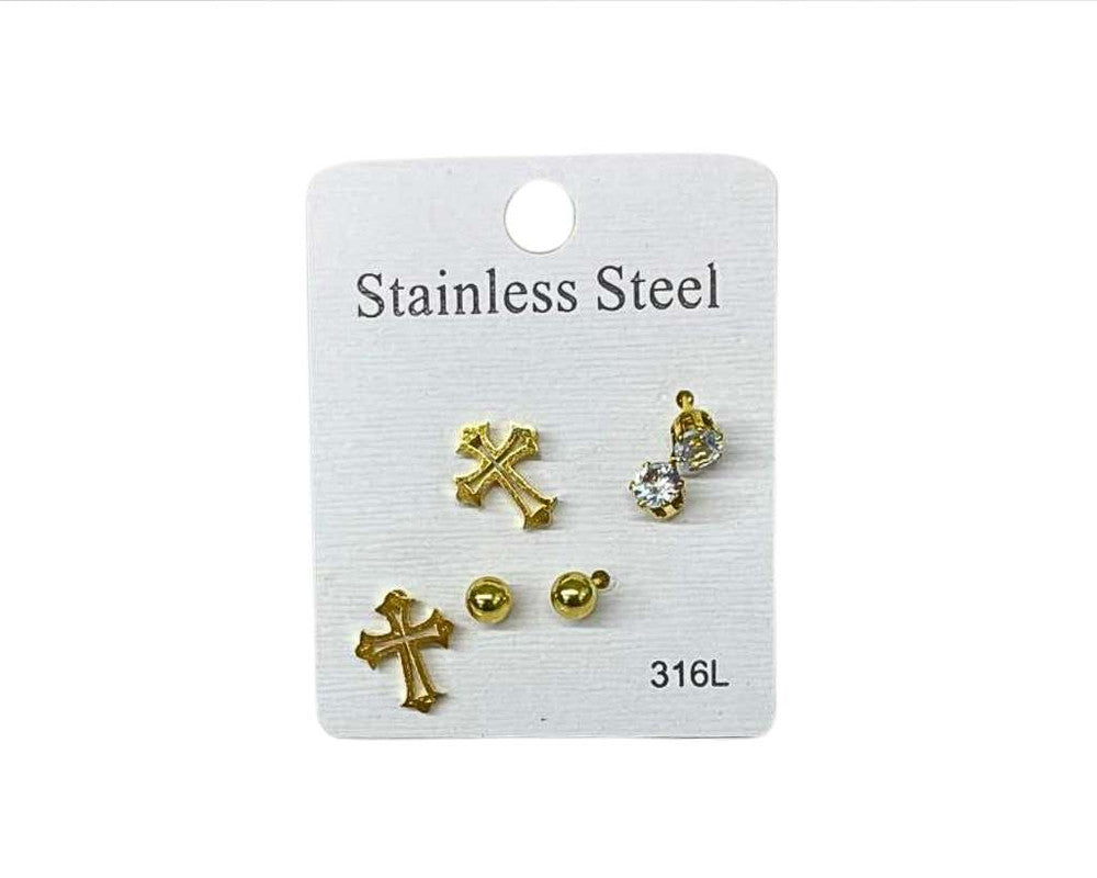 SET GOLD STAINLESS STEEL EARRINGS CROSS MINI- Set of 120